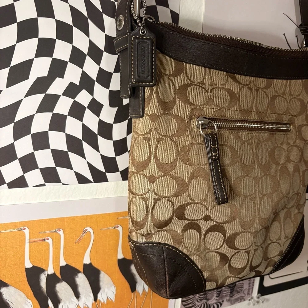 Coach Signature Jacquard Crossbody in Brown & Chocolate Leather
